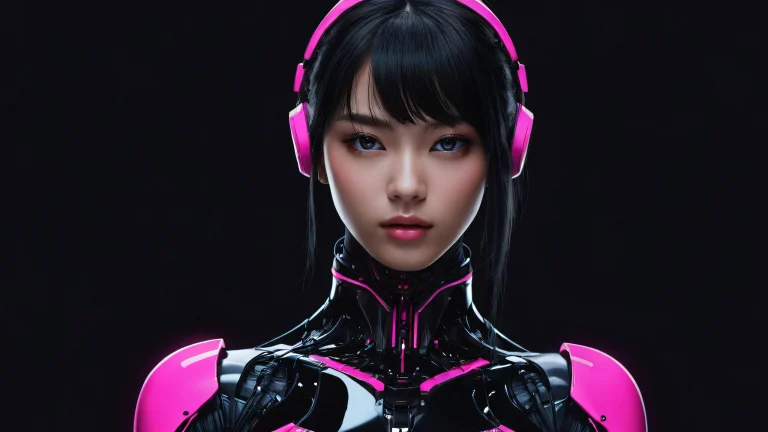 A cyborg girl stands in a vast pure void on a desktop or PC.