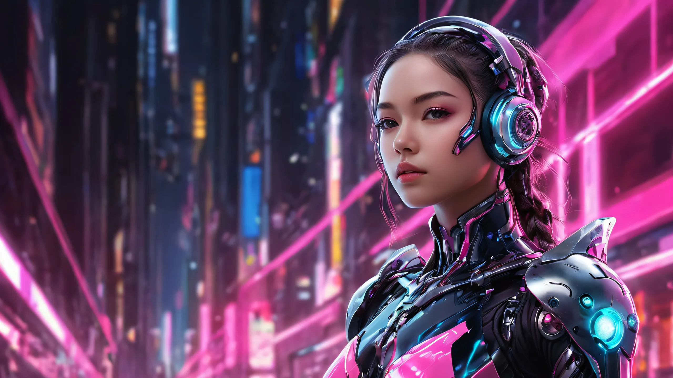 A cyborg girl stands amidst a vast pure void on a desktop or PC, surrounded by radiant colors and ray traced reflections.