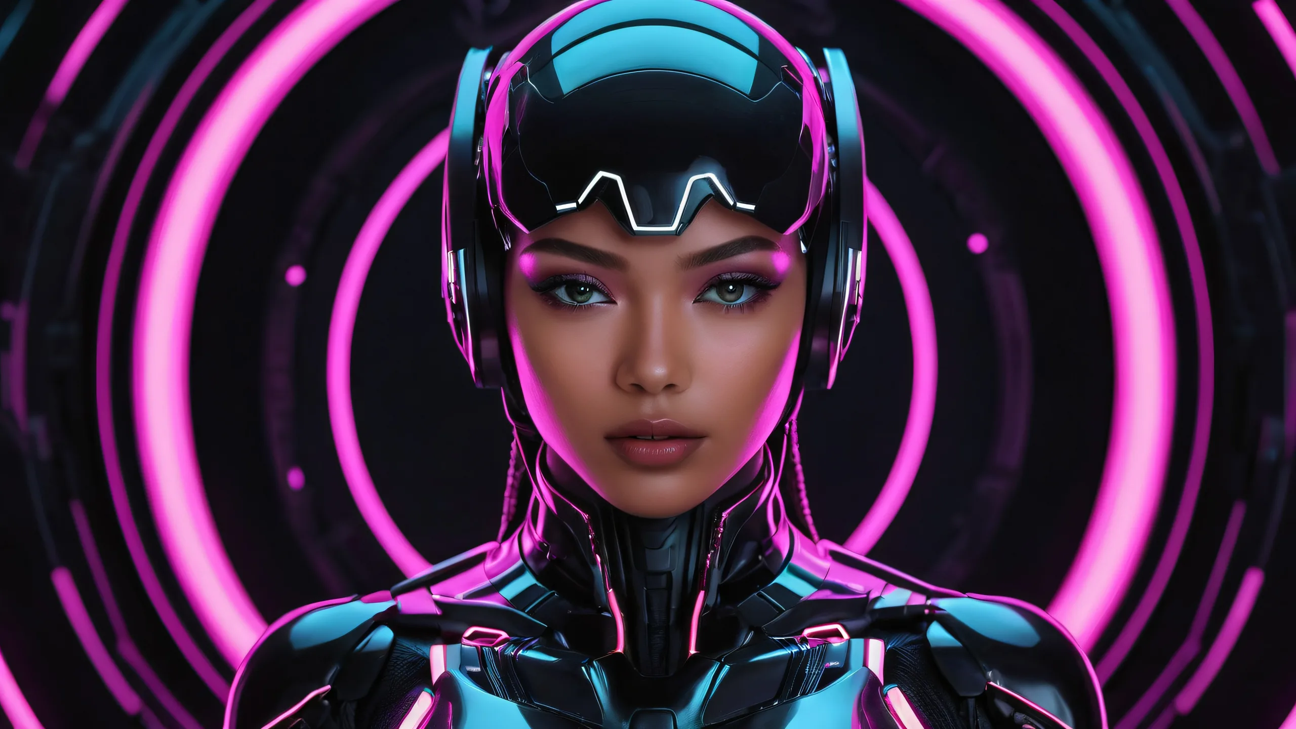 A stunning digital artwork featuring a cyborg girl in a vast pure void, with a hint of futuristic workshop details. Perfect for desktop use on PC or Mac.