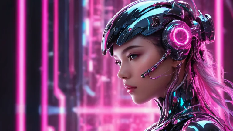 A cyborg girl stands out against a vast, puro vacío en una computadora de escritorio o PC, con iluminación etérea y colores brillantes.