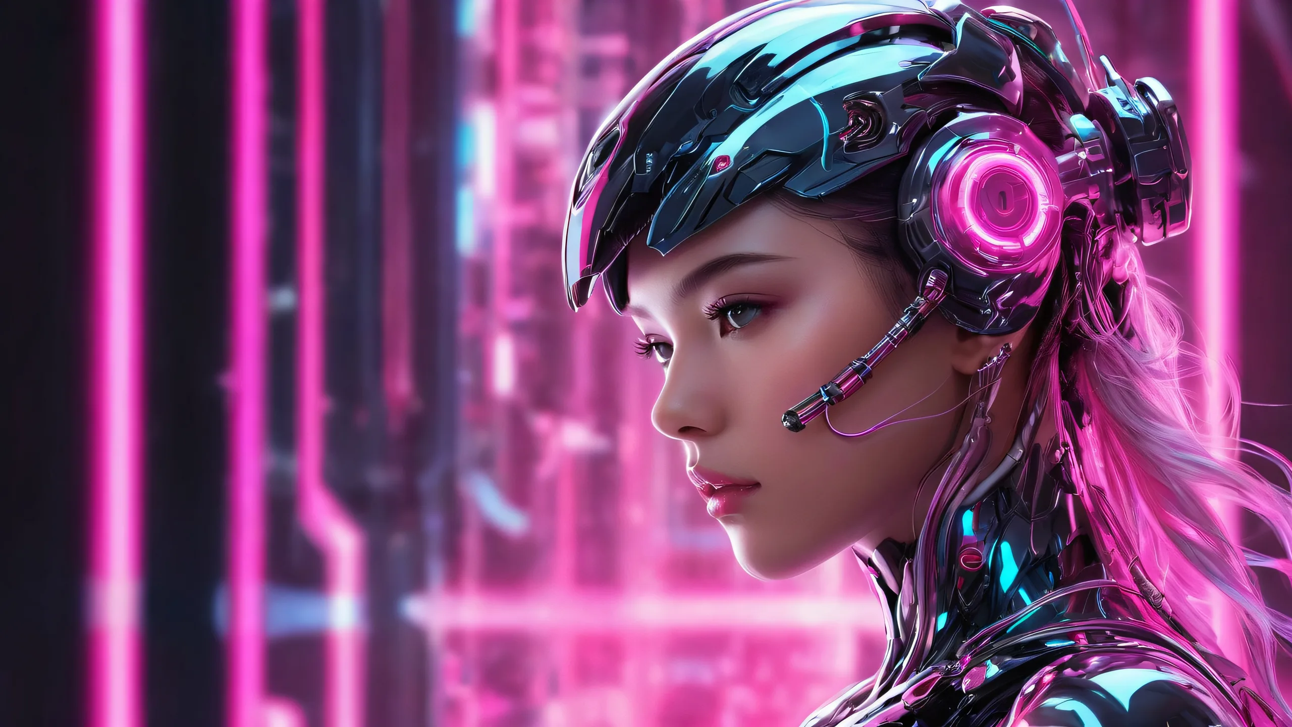 A cyborg girl stands out against a vast, pure void on a desktop or PC, with ethereal lighting and brilliant colors.