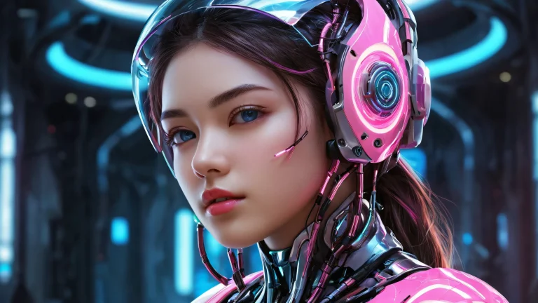 A futuristic desktop featuring a cyborg girl in a pristine void with a workshop background for Desktop/PC users.