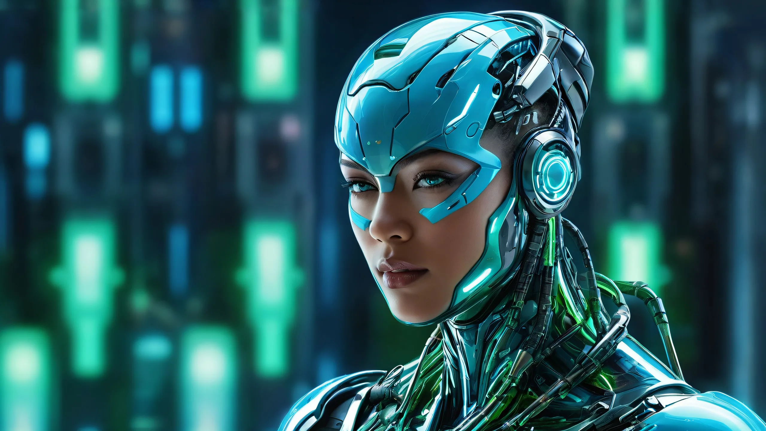 Cyborg standing in a pristine void with radiant colors and reflections, perfect for desktop/pc use.