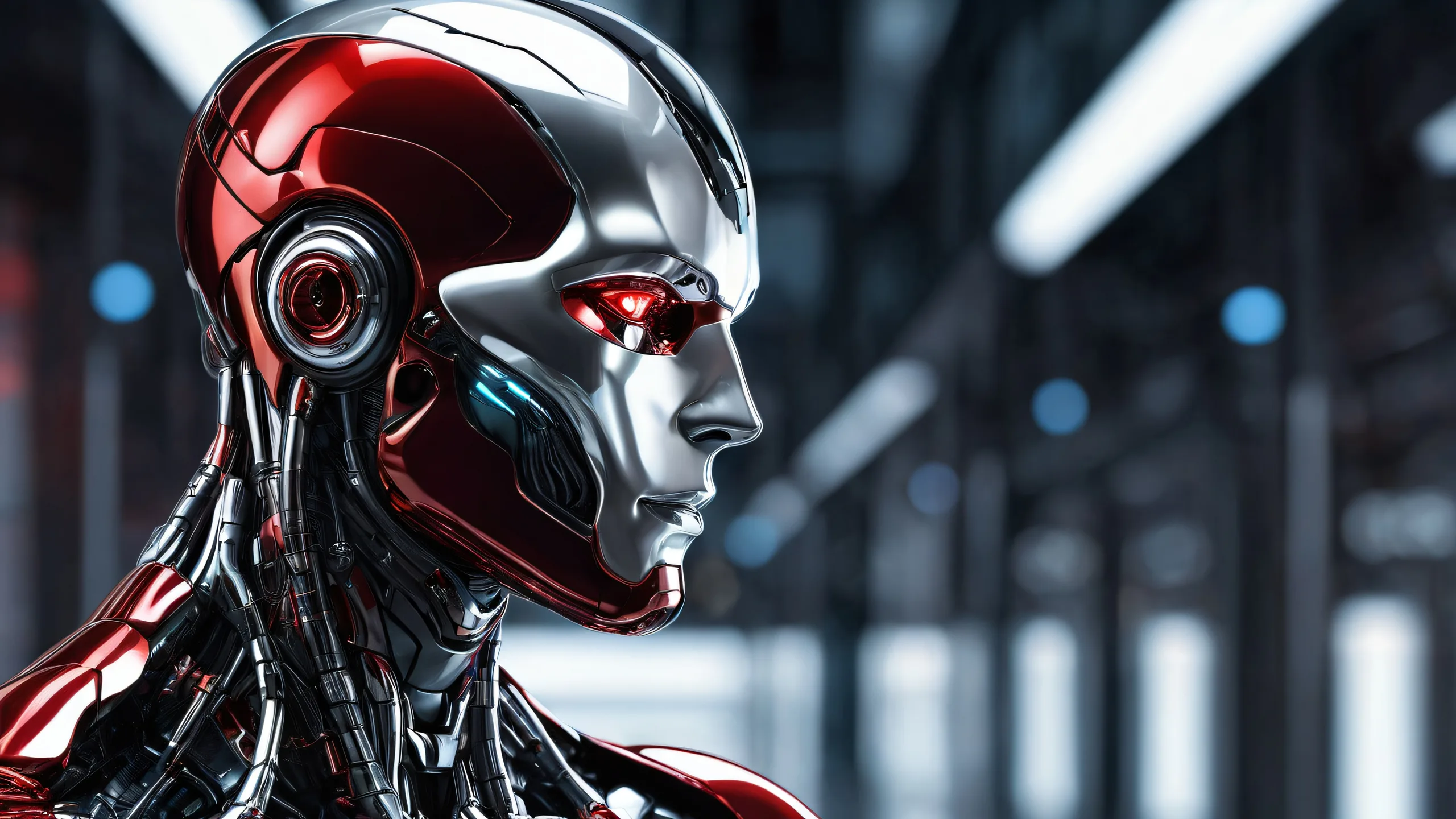 A cyborg stands amidst a vast, pure void, with ethereal lighting and reflections on its metallic body.