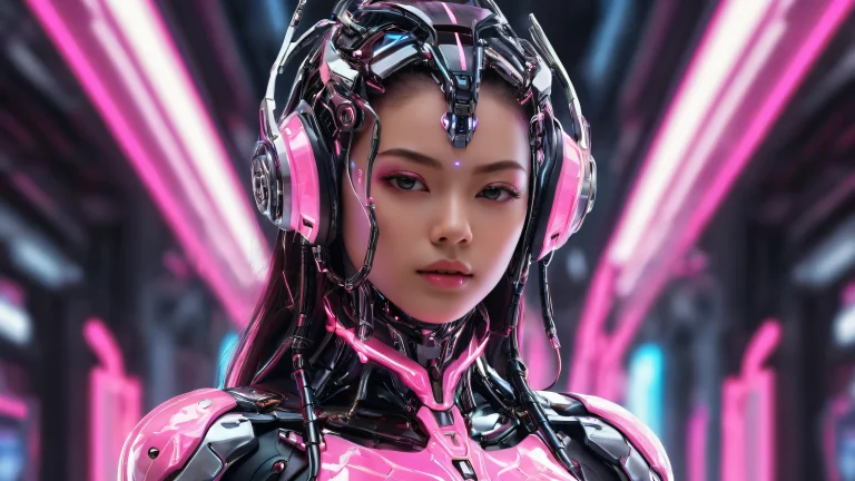 A cyborg girl stands against a backdrop of pure void, with brilliant colors and ray traced reflections.