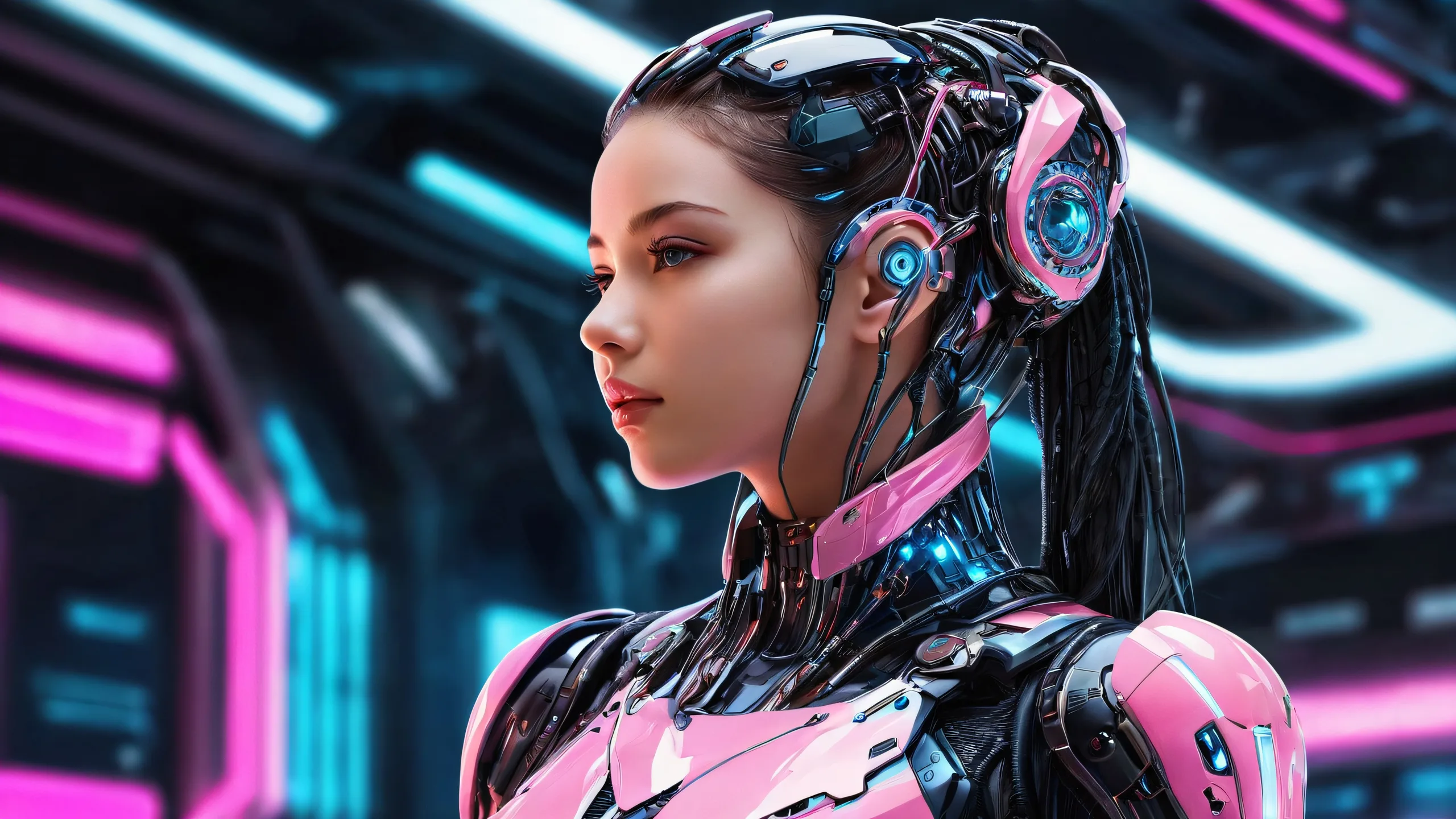 Half-body cyborg girl in a pristine void desktop background for PC and Desktop use.