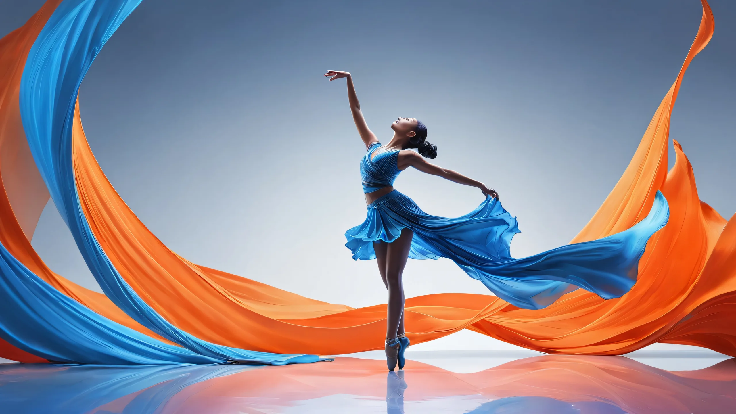 A stunning desktop image of a dancer set against a vast pure void with dark grey and blue streaks on a Desktop/PC.