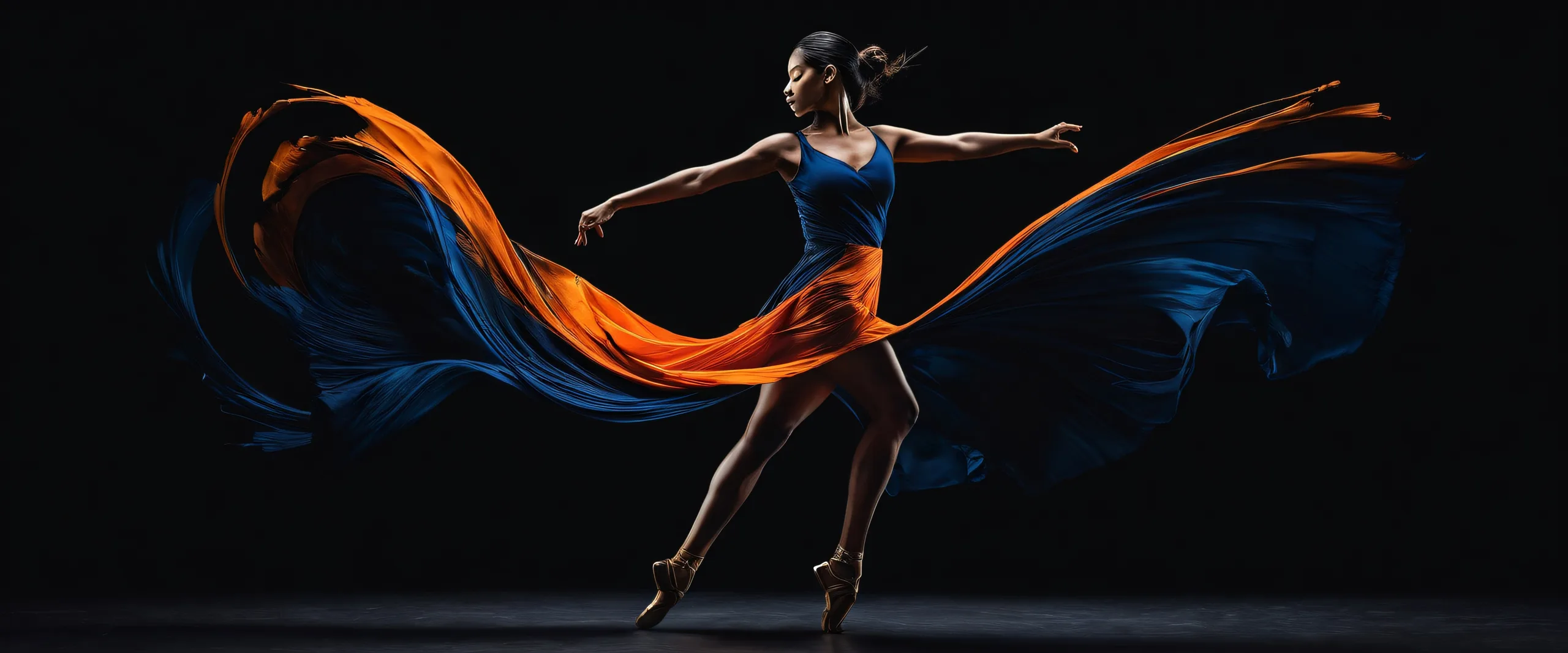 Woman dancer in motion against a dark grey background with blue paint streaks on a desktop or PC.