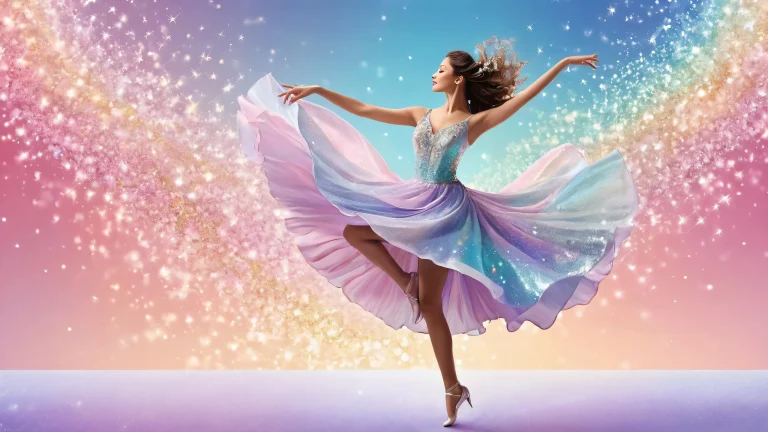 A desktop wallpaper featuring a dancing woman against a clean, vast pure void with ethereal lighting and brilliant colors, perfect for a PC or Desktop background.