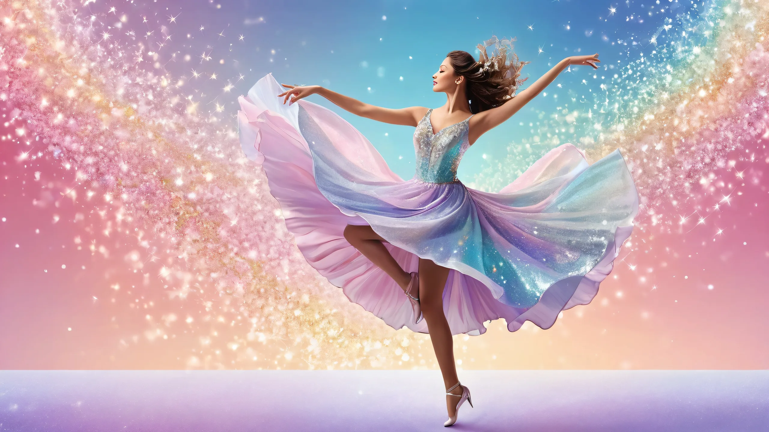 A desktop wallpaper featuring a dancing woman against a clean, vast pure void with ethereal lighting and brilliant colors, perfect for a PC or Desktop background.