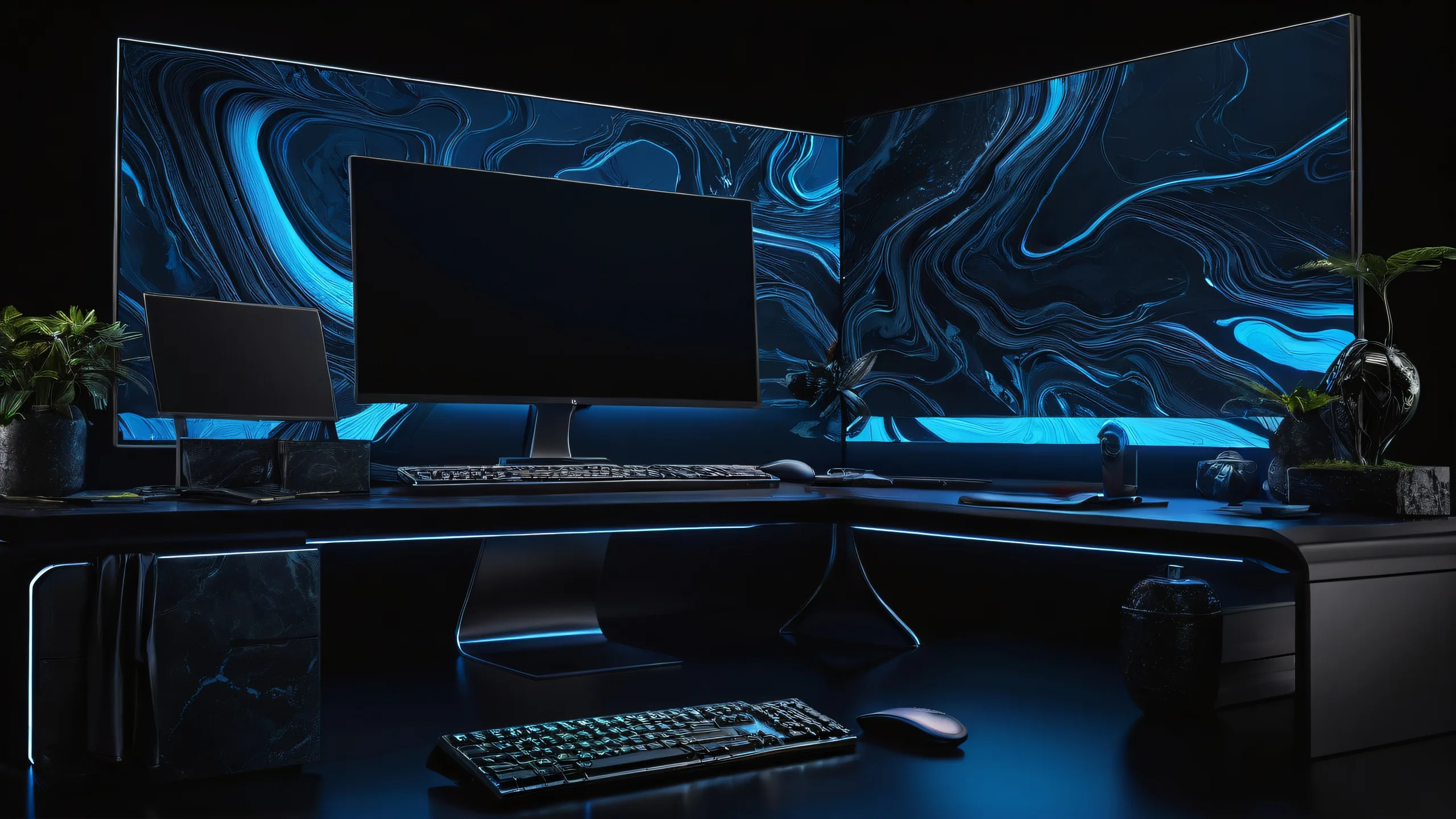 A stunning cyberpunk desktop scene featuring Panam Palmer in a vast, pure void with deep depth of field and dominant dark blue hues, suitable for Desktop/PC use.