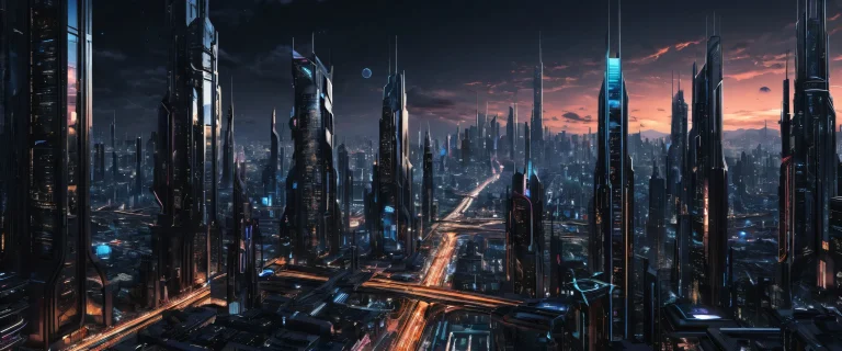 A futuristic cityscape desktop wallpaper with extreme depth of field and a focus on pipes and architecture, perfect for Desktop/PC