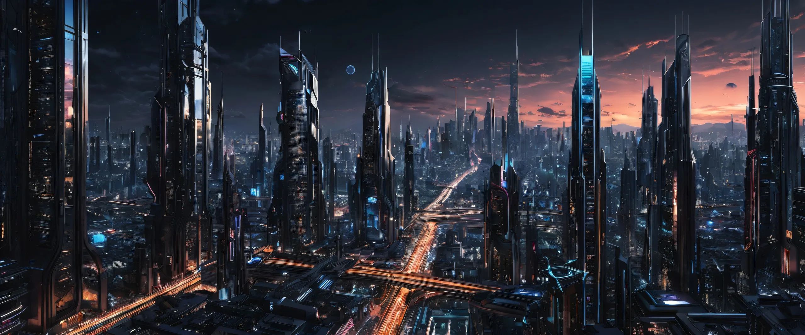 A futuristic cityscape desktop wallpaper with extreme depth of field and a focus on pipes and architecture, perfect for Desktop/PC