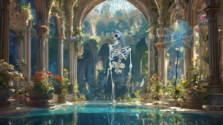 Ethereal void desktop background with cobwebs and a skeleton for a macos wallpaper