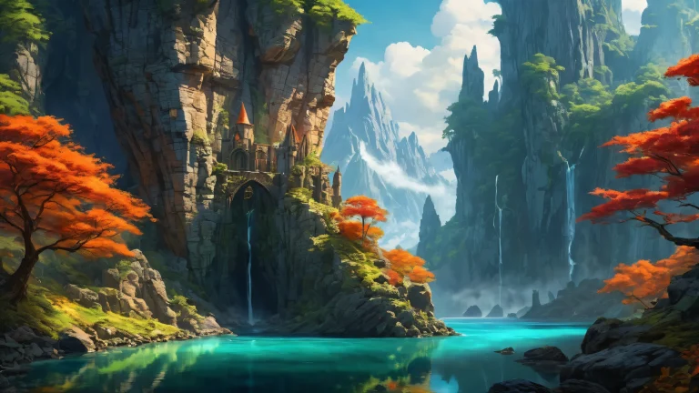 A fantasy desktop wallpaper of a wizard standing before a vast, dark forest with broken stone walls and towering cliffs in the distance, surrounded by drifting smoke. Suitable for Desktop/PC screens.