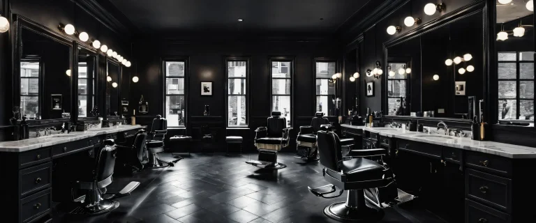 Breathtaking desktop wallpaper of a barber shop in dark mode, adecuado para escritorio/PC.