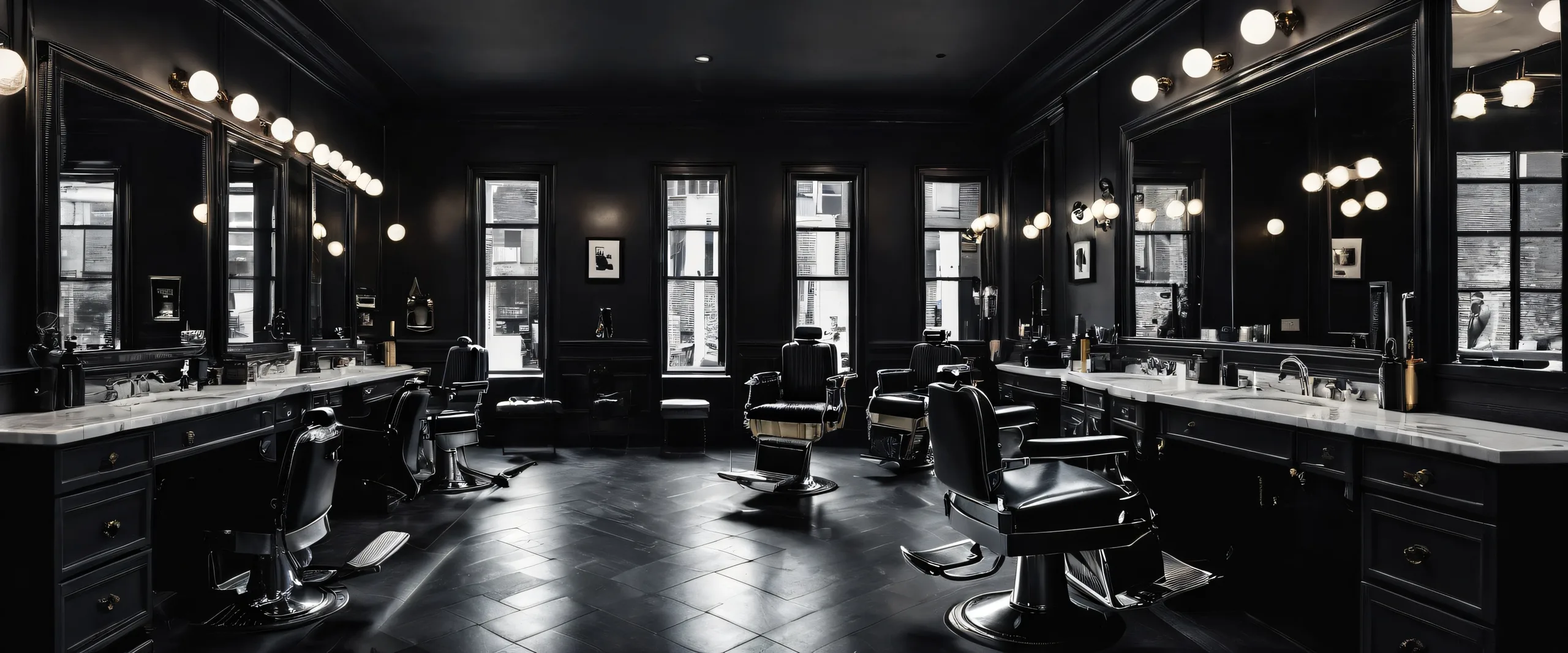 Breathtaking desktop wallpaper of a barber shop in dark mode, suitable for Desktop/PC.