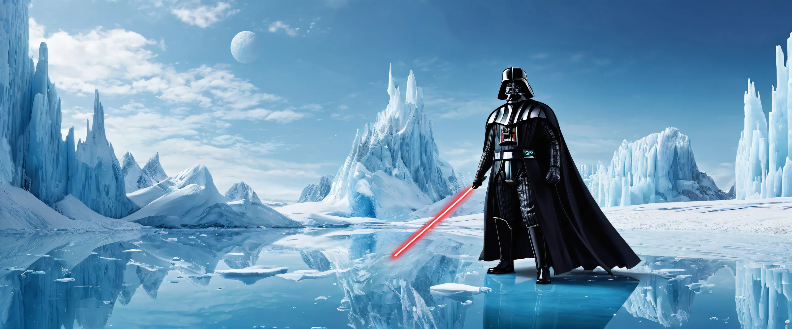A surreal desktop image of Darth Vader against a vast, pure void with frozen, gooey environments and radiant lighting on a Desktop/PC.
