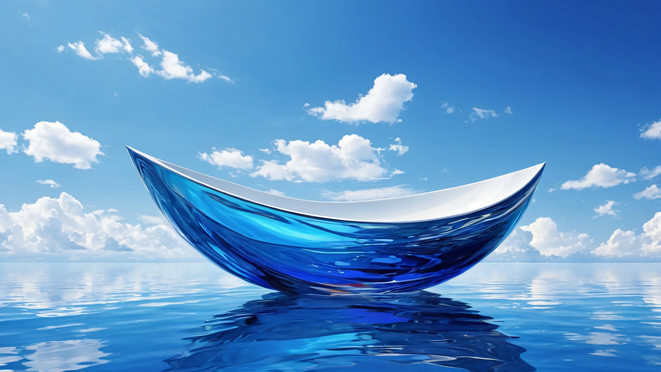 Vessel floating on a vast deep blue void with water background and ethereal lighting for desktop/pc