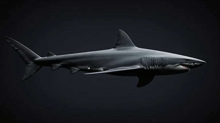 A stunning desktop wallpaper featuring a shark in a vast, pure void with industrial chic hints, parfait pour ordinateur de bureau/PC.