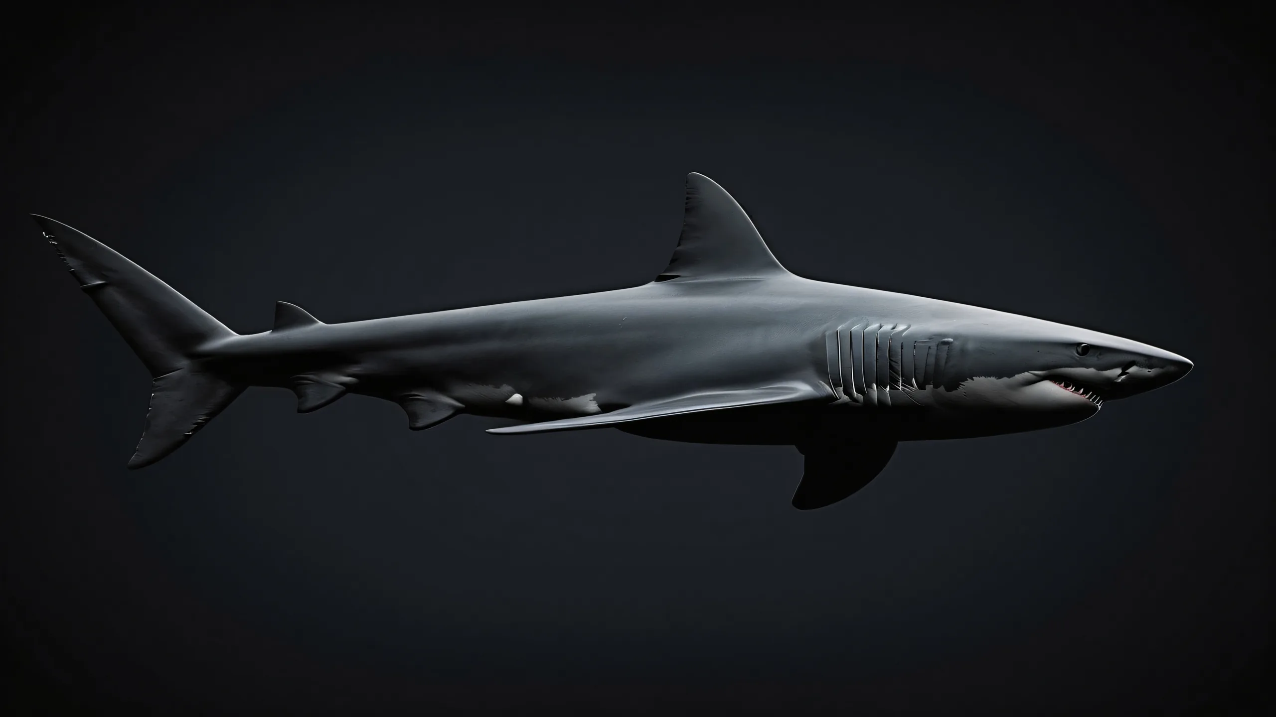 A stunning desktop wallpaper featuring a shark in a vast, pure void with industrial chic hints, perfect for Desktop/PC.