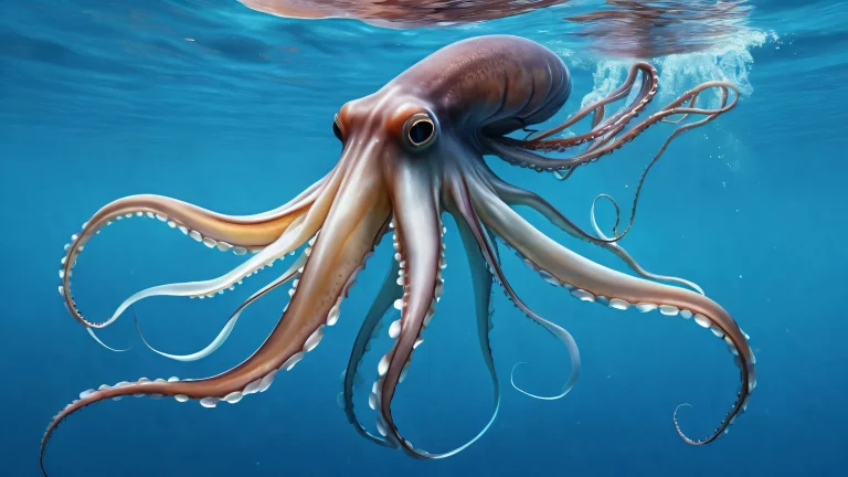 A desktop wallpaper featuring a giant squid in a vast, pure void with ethereal lighting and deep blues and shimmering silvers. Suitable for PC or Desktop use.