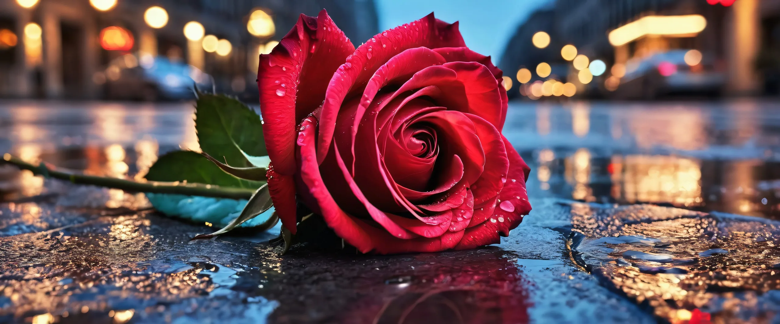Red rose against a vast pure void, city street at dusk with wet pavement and puddles on a desktop or PC.