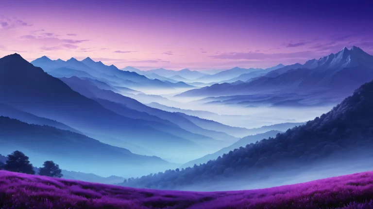 A breathtaking desktop wallpaper of a deep valley on a dark night with foggy mountains and a starry sky, perfect for a Desktop/PC background.
