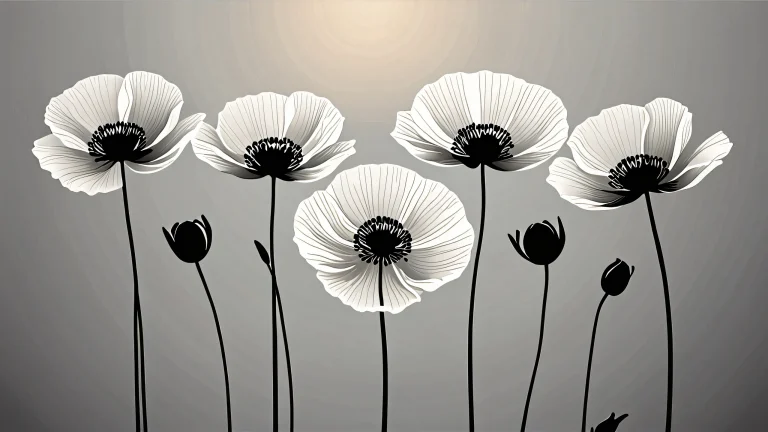 A serene monochrome gradient background featuring delicate poppie blossoms on a minimalist desktop/PC setup, with soft, airy illumination and deft shadows.