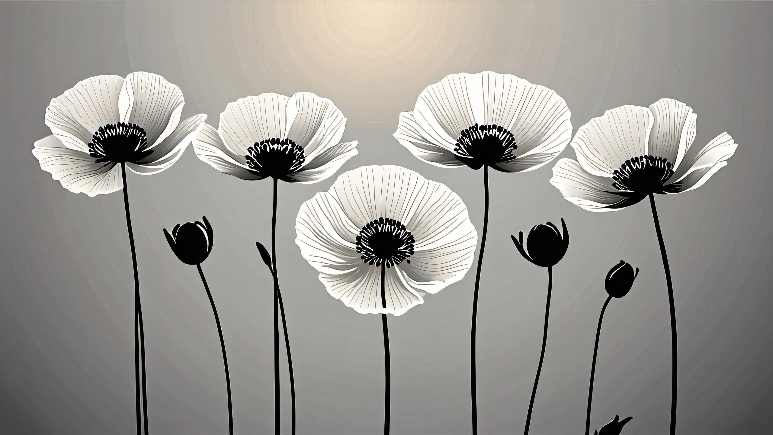 4K Whispers of Nature's Serenity Desktop Background A serene monochrome gradient background featuring delicate poppie blossoms on a minimalist desktop/PC setup, with soft, airy illumination and deft shadows.