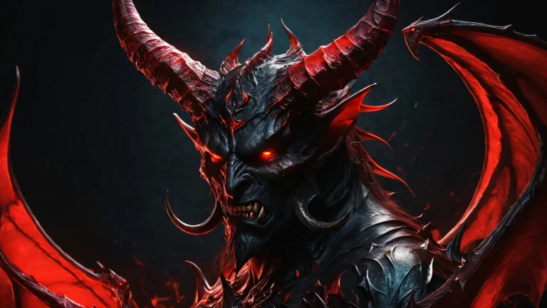 Desktop/PC wallpaper featuring a demonic figure in a dark void with extreme depth of field and atmospheric lighting.