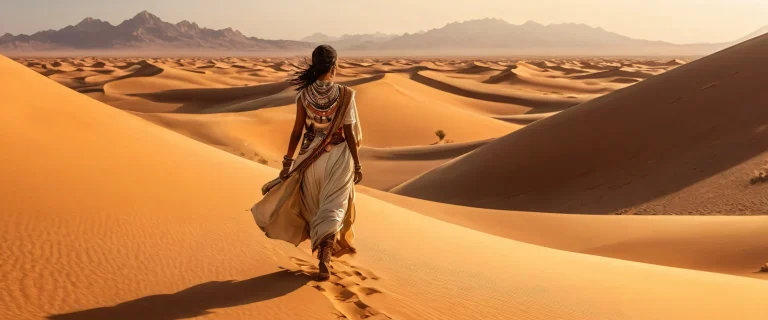 Beautiful desert landscape on a desktop or PC screen with a woman as the central figure, surrounded by pure void and brilliant colors.