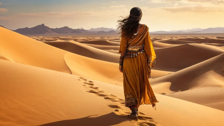 A breathtaking desert landscape of a nomad woman on a pure void background, perfect for desktop use. Suitable for PC or Desktop display.