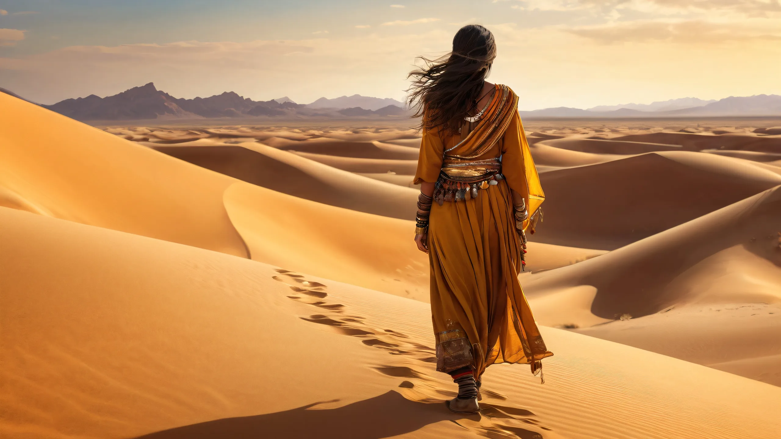 A breathtaking desert landscape of a nomad woman on a pure void background, perfect for desktop use. Suitable for PC or Desktop display.