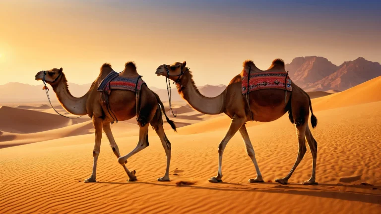 Camels in a vast desert void, perfectly clean and pure, suitable for desktop or PC