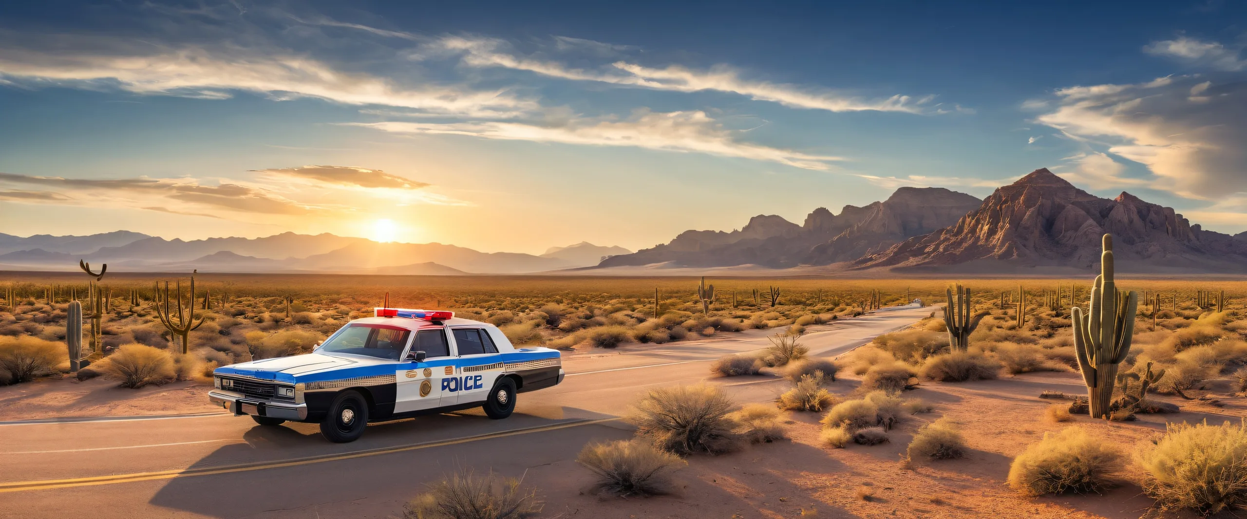 Police cars and mountains on a pure desert landscape for your desktop/pc