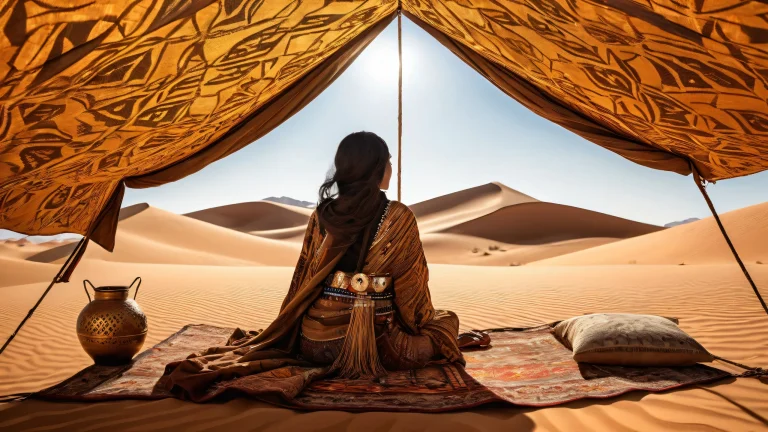 Image of a woman in the desert with a perfectly clean void background and extreme depth of field. The image is of a tent interior patterned with woven textiles.