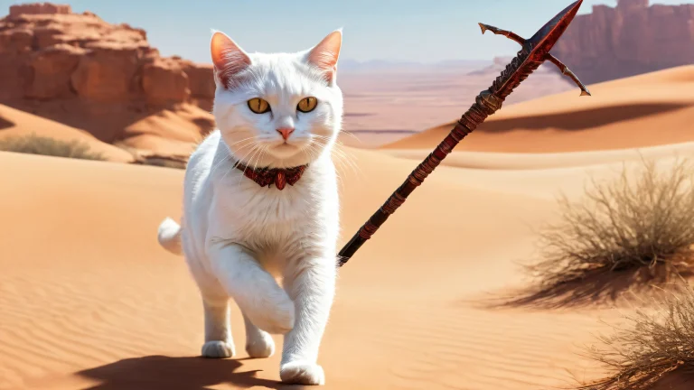 Un chat blanc saisissant avec une lance au milieu d'un terrain désertique usé et d'un vide pur pour une profondeur de champ spectaculaire, adapté pour ordinateur de bureau/PC.