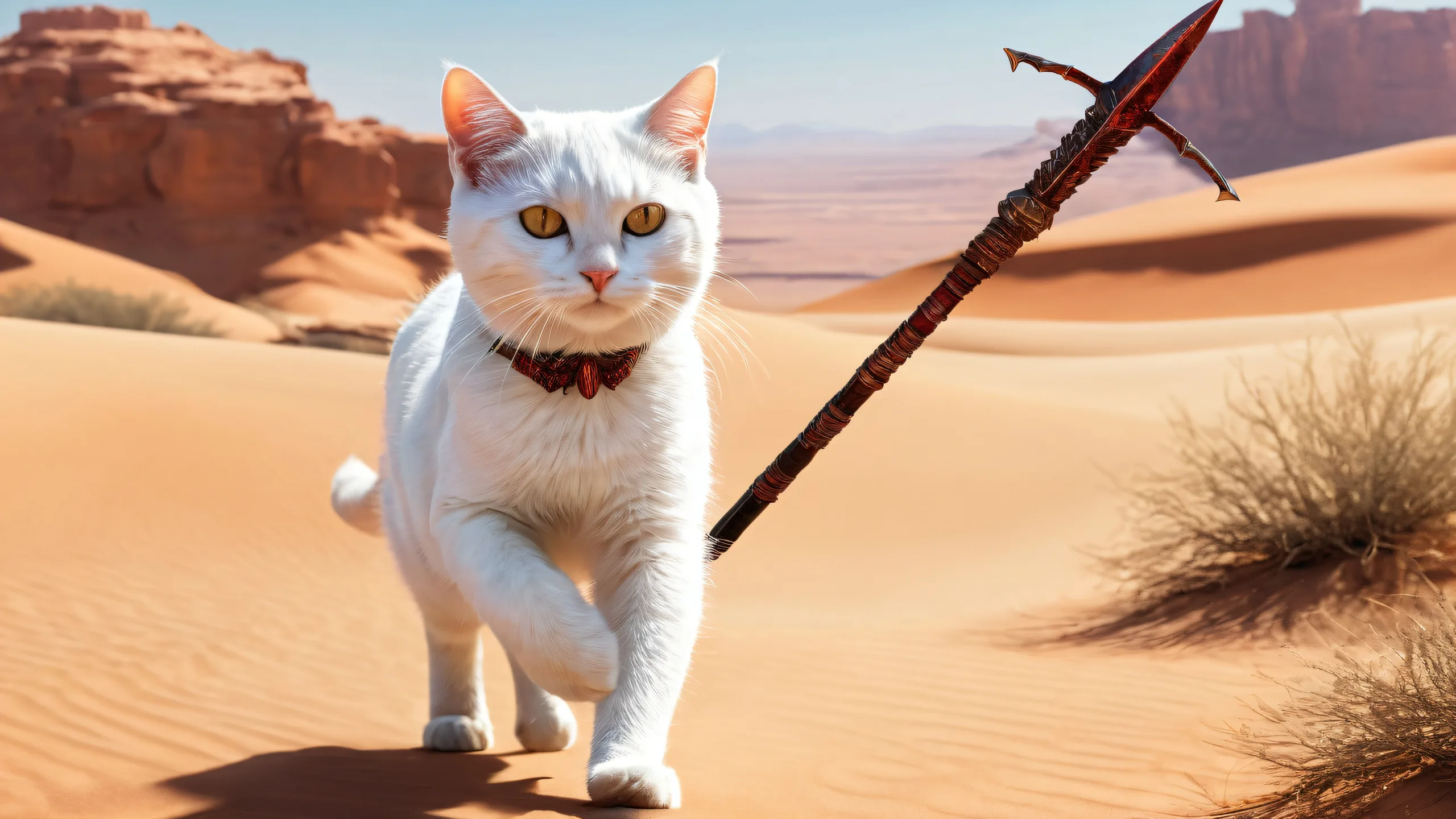 A striking white cat with spear amidst a worn desert terrain and pure void for dramatic depth of field, suitable for desktop/pc.