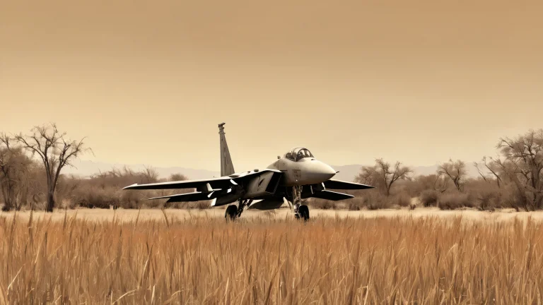 Abandoned F-15 Eagle fighter jet on a desolate field with overgrown wild grasses and skeletal trees against a pale, almost sepia-toned sky. For desktop/pc.