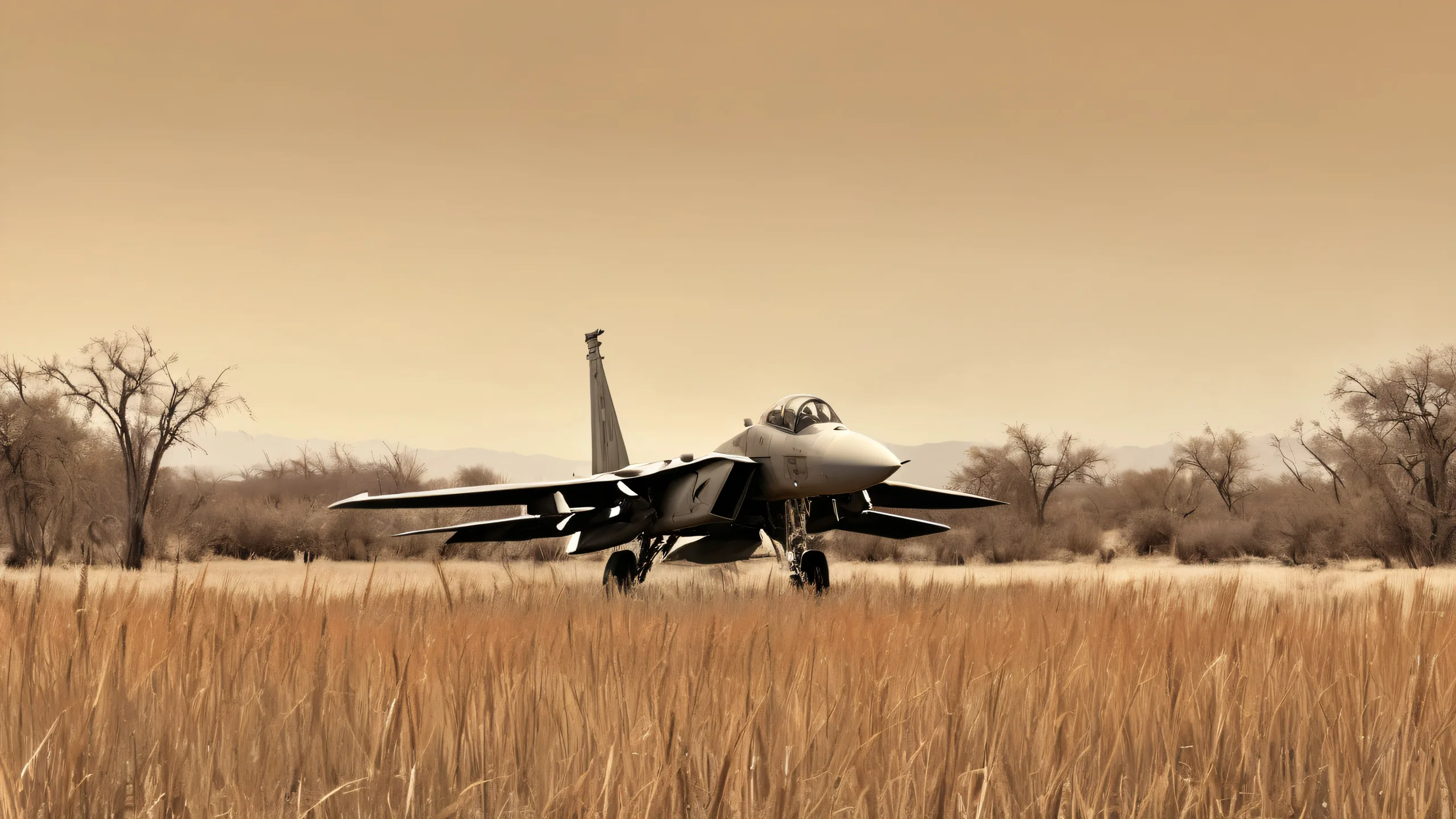 Stunning Desolate Horizon's Elegy Wallpaper Abandoned F-15 Eagle fighter jet on a desolate field with overgrown wild grasses and skeletal trees against a pale, almost sepia-toned sky. For desktop/pc.