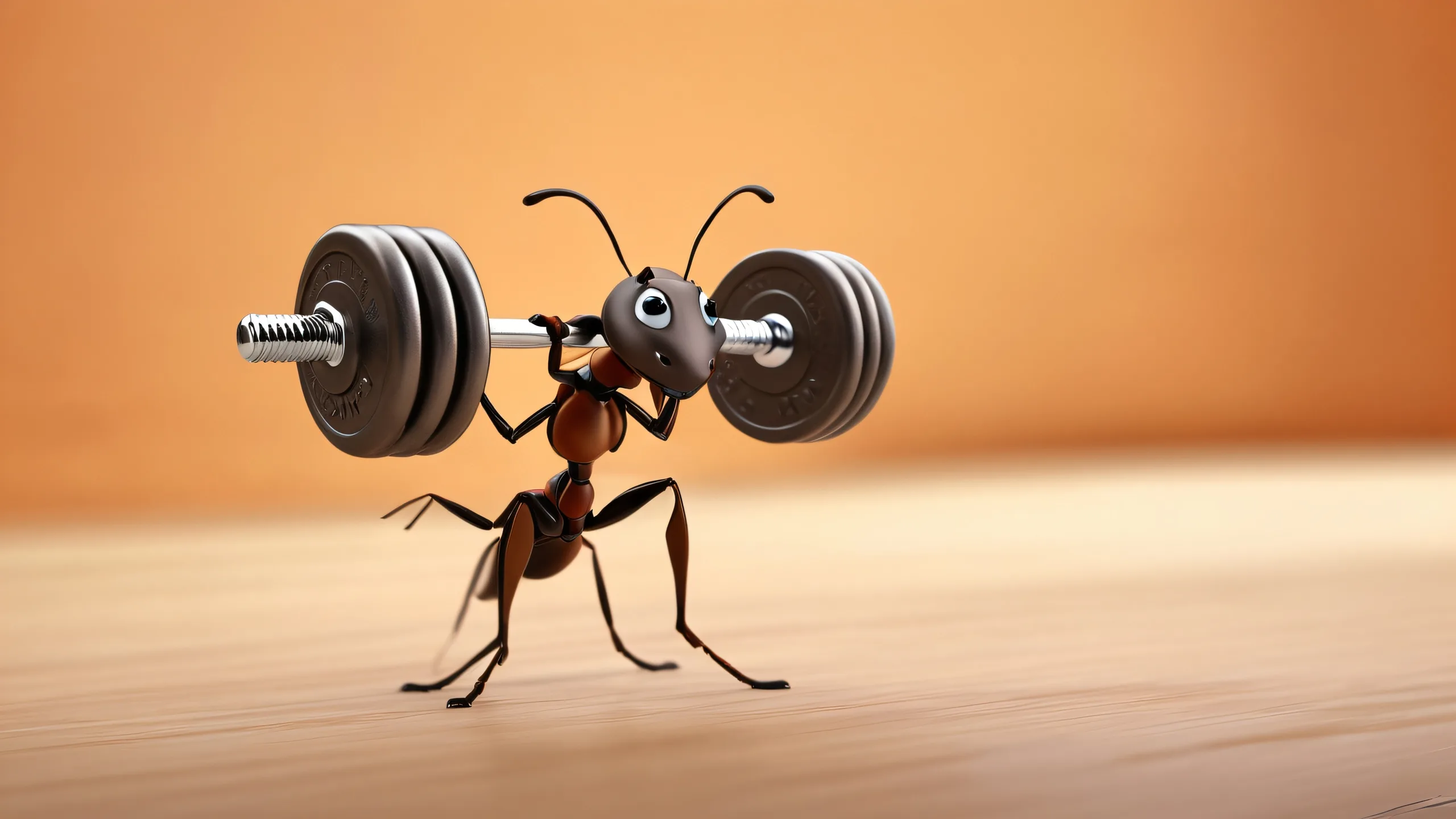 Determined Strength in Elegance Aesthetic PC Wallpaper Ant lifting dumbbell on a pristine void desktop for PC and Desktop use