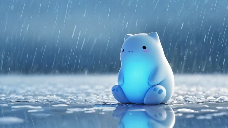 A melancholic desktop wallpaper of Ditto Waiting for Owner against a dark and rainy pure void, with brilliant colors and ray-traced reflections. Convient pour ordinateur de bureau/PC.
