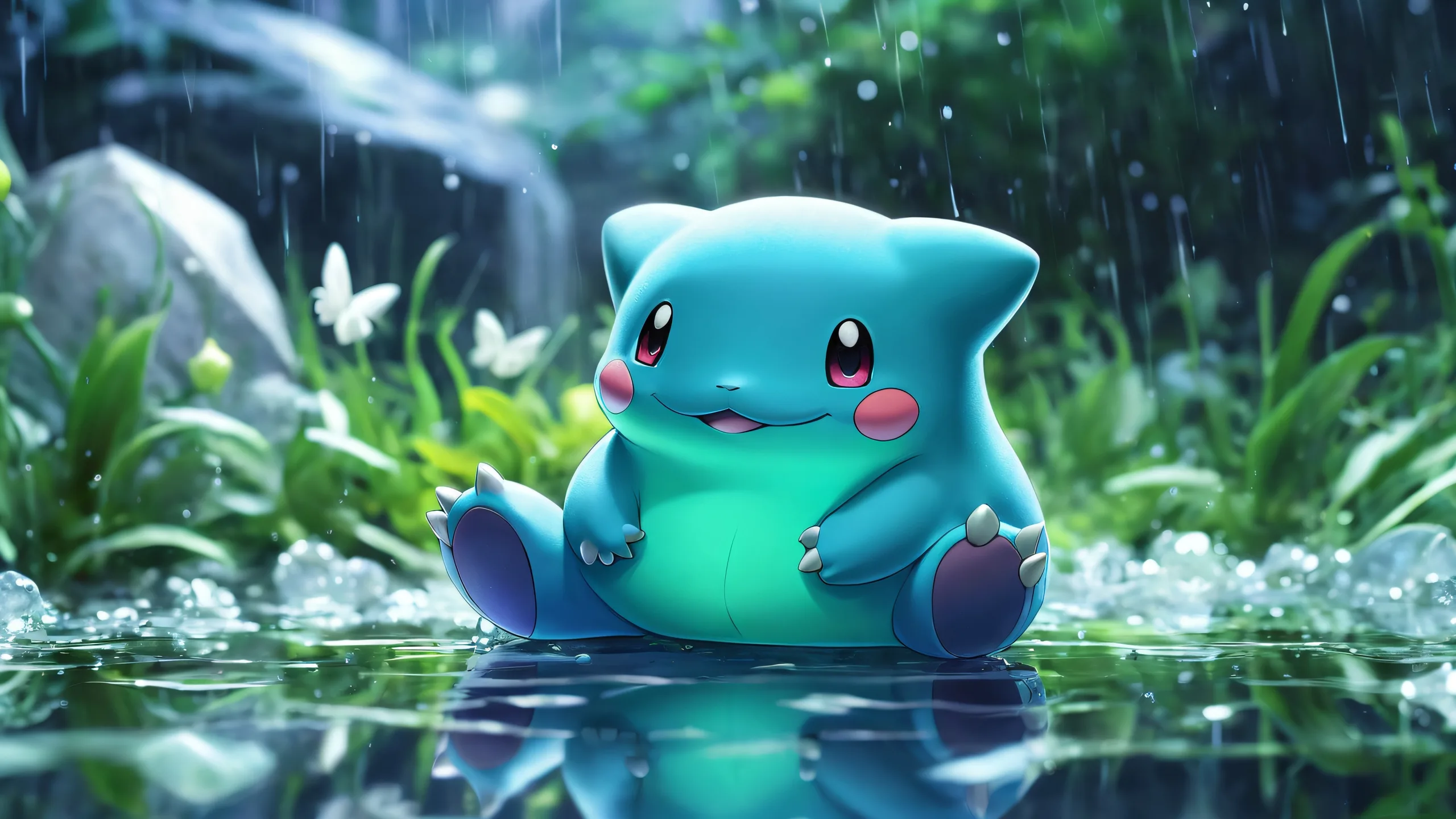 Ditto stands serene amidst a dark room with rain outside, perfect for desktop/PC use.