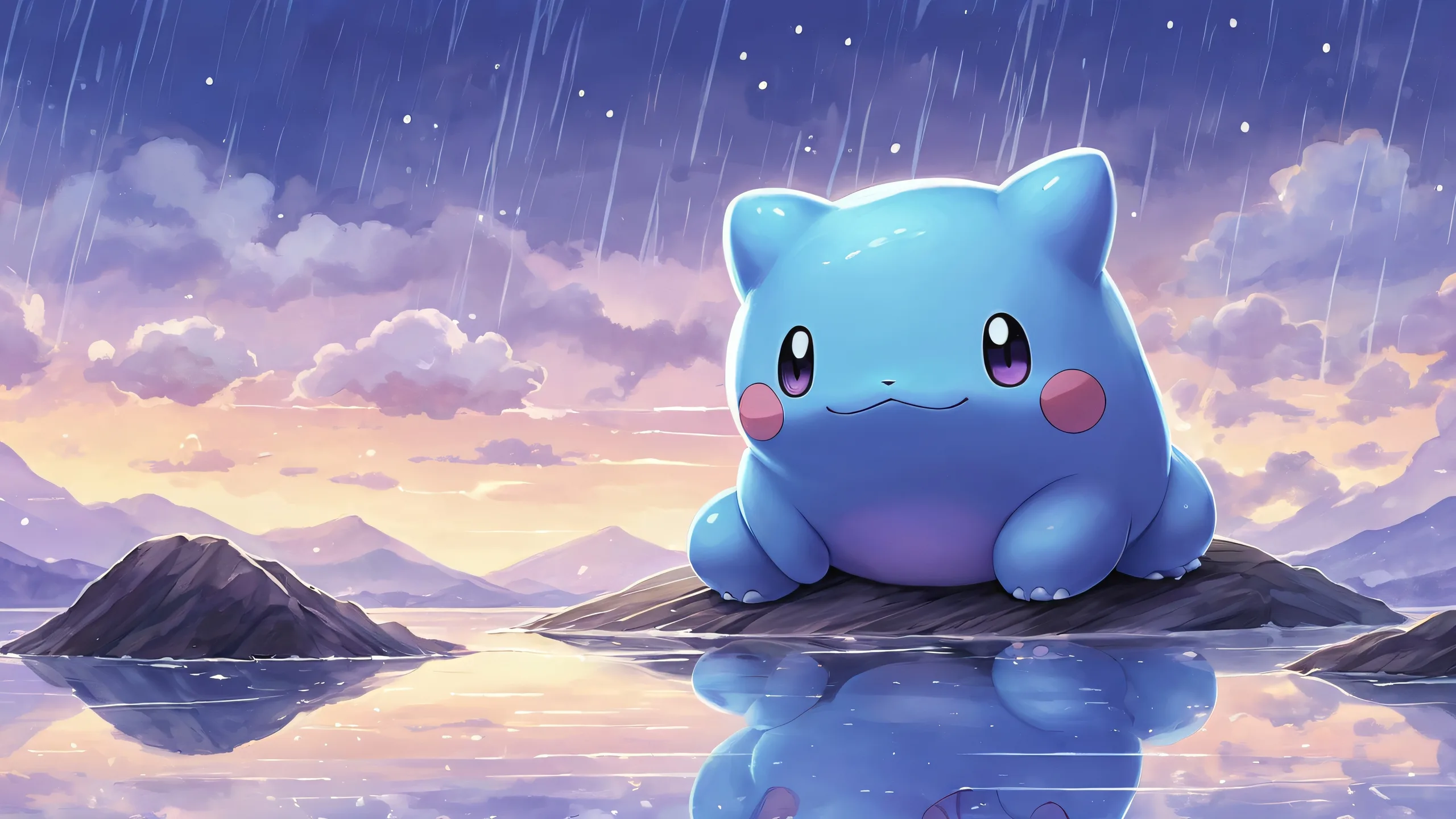 Ditto, a waiting Pokémon, in a dimly lit pure void with rain, on a desktop or PC.