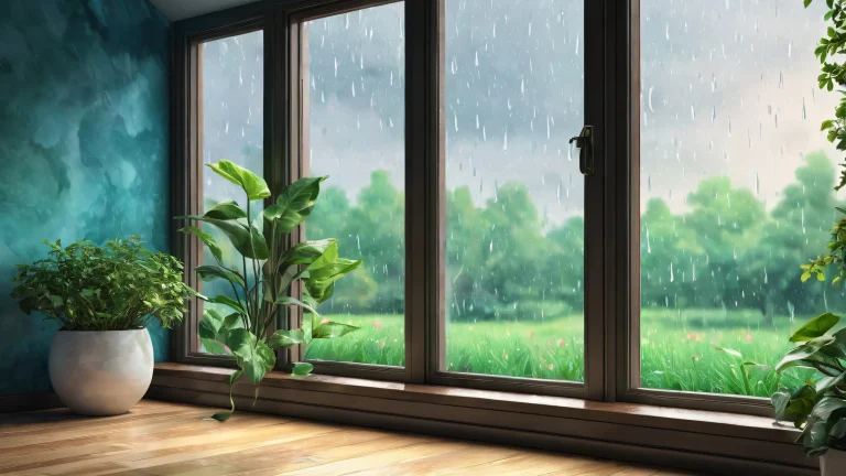 Ditto waiting patiently for its owner in a vast, dark, and rainy void, with a window reflection.