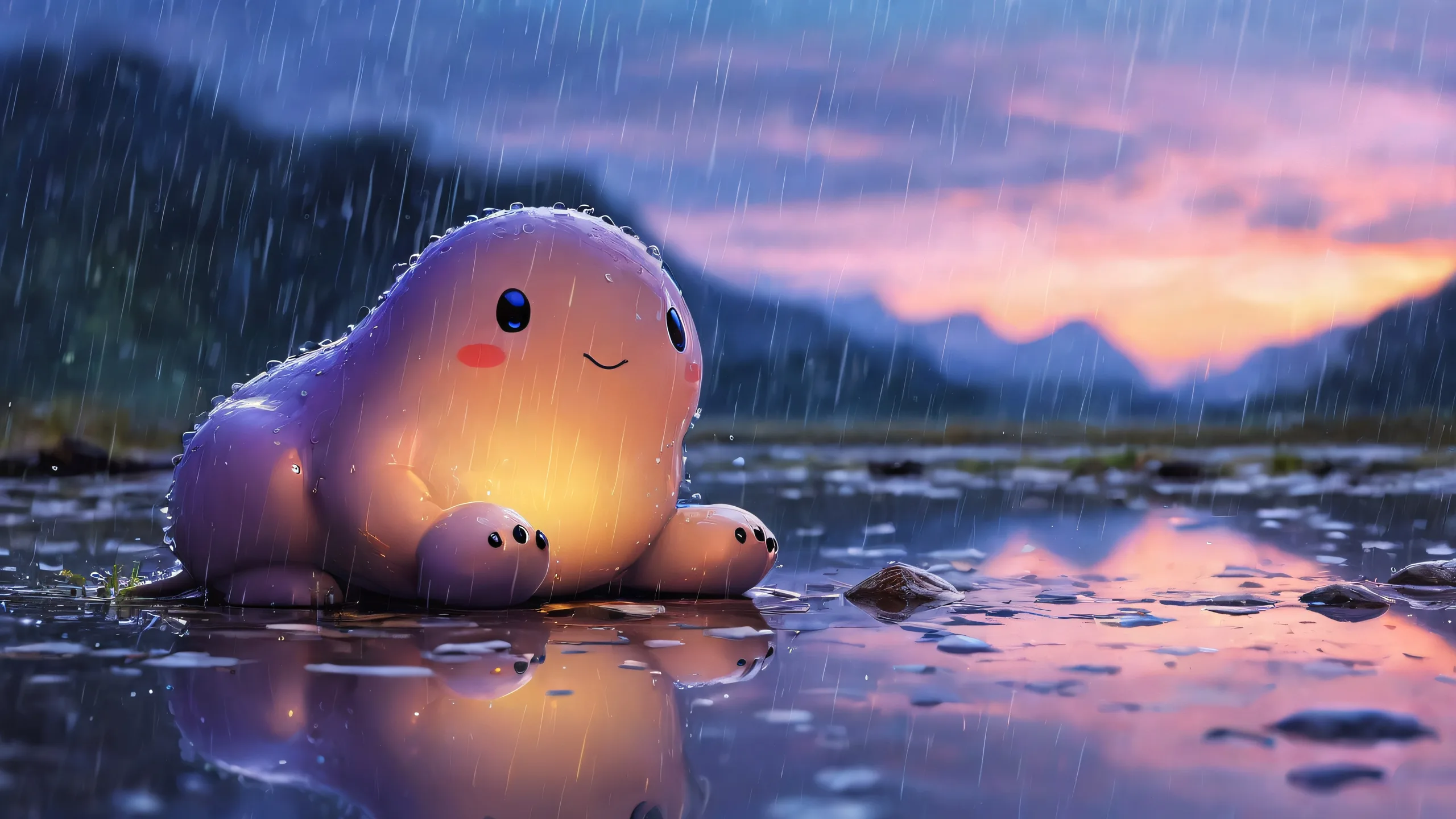 Ditto waiting for something, surrounded by a vast pure void, with dark shadows and rain falling on the desktop/pc.