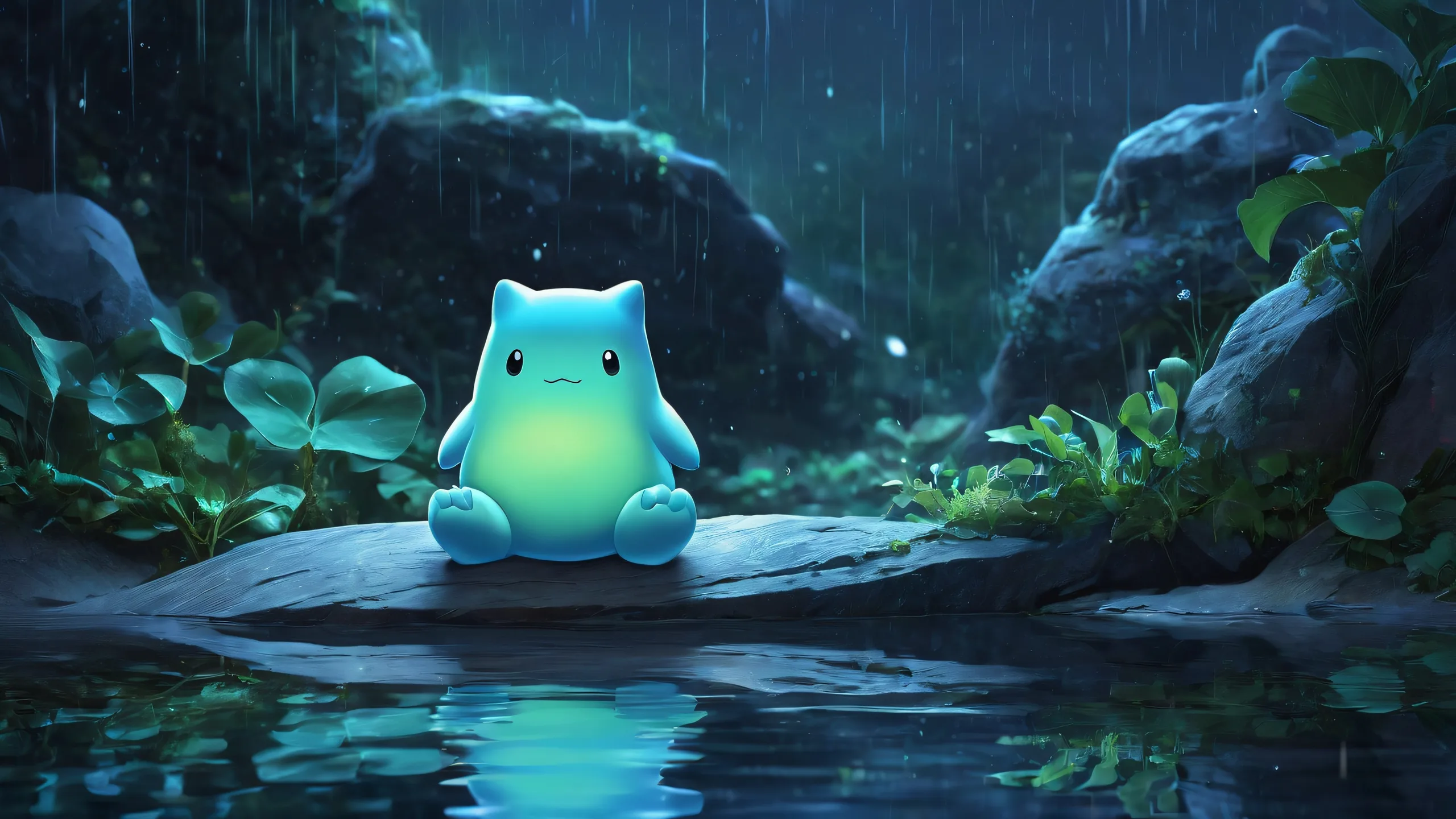 A melancholic desktop wallpaper featuring Ditto waiting for its trainer on a rainy night. Suitable for Desktop/PC.