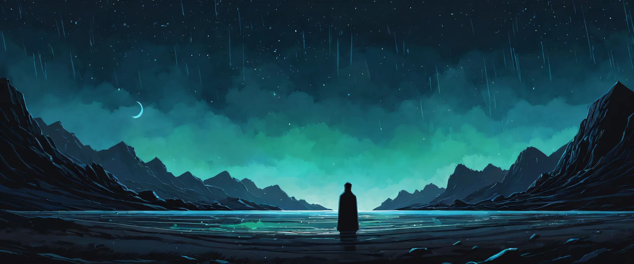 A melancholic desktop wallpaper of Ditto waiting for its trainer on a rainy night with a single tear drop falling from its eye, perfect for your Desktop/PC.