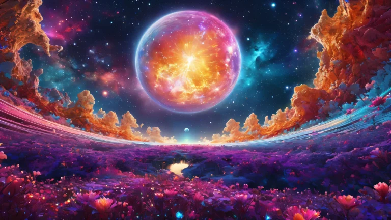 Ethereal beings in a pure void on desktop/pc with cosmic dust particles and radiant colors for screen readers.